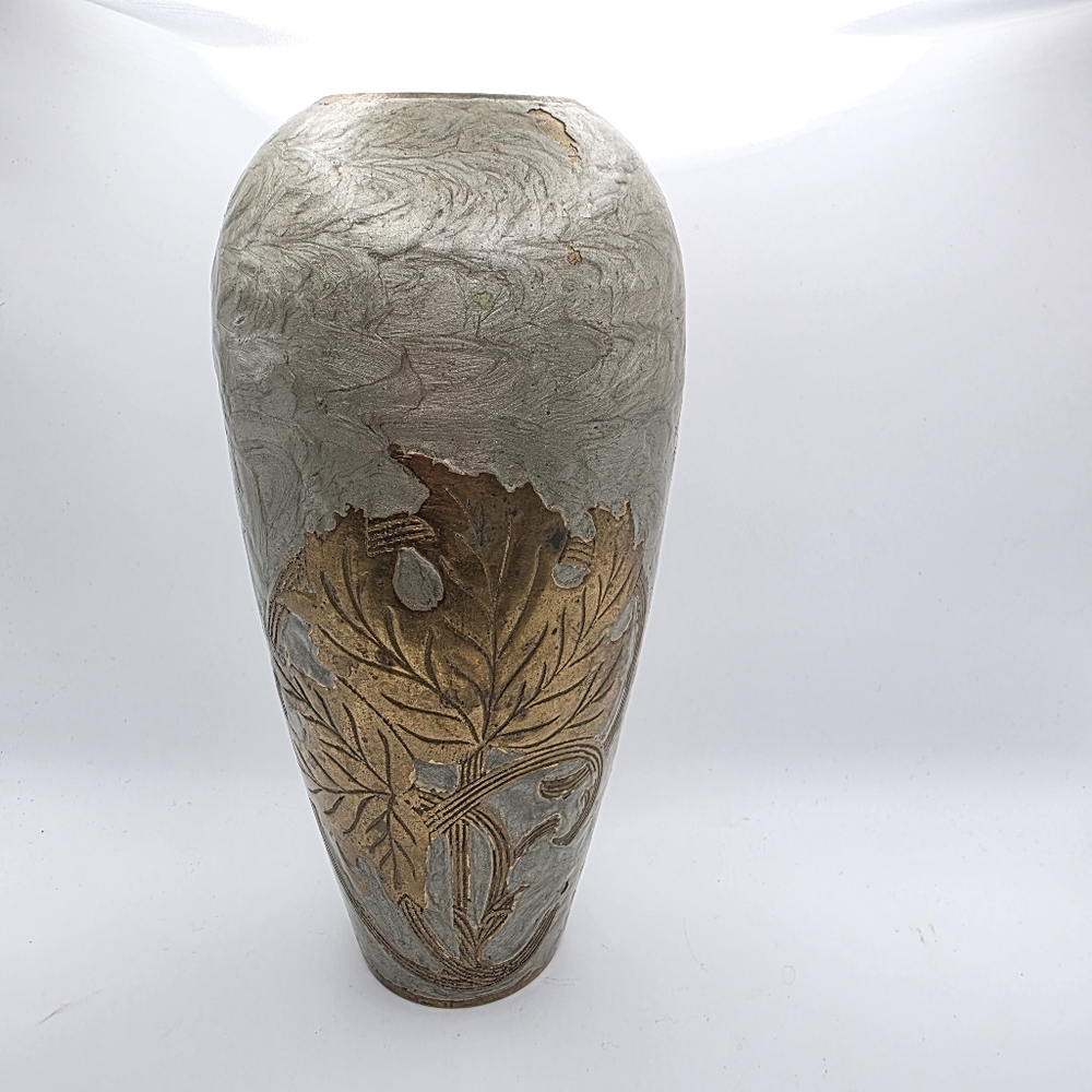 Vintage Brass Enamel Hand Painted Floral Leaves Design Vase India